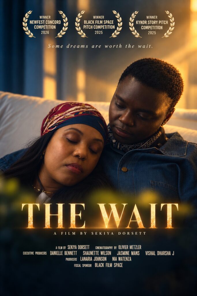 The Wait film poster: Camille rests her head on Rae&rsquo;s shoulder in warm light, under three pitch-competition winner laurels